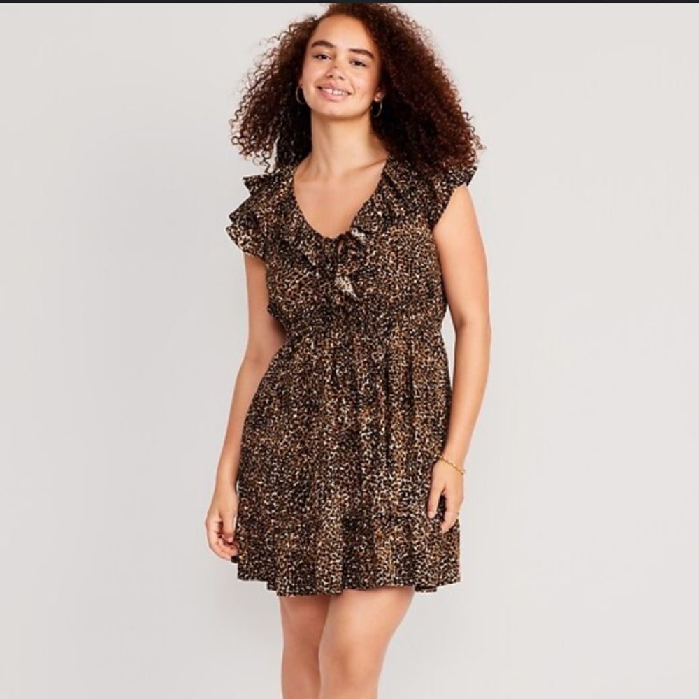 Old Navy large black brown Wasit defined ruffle trim mini dress cheetah animal